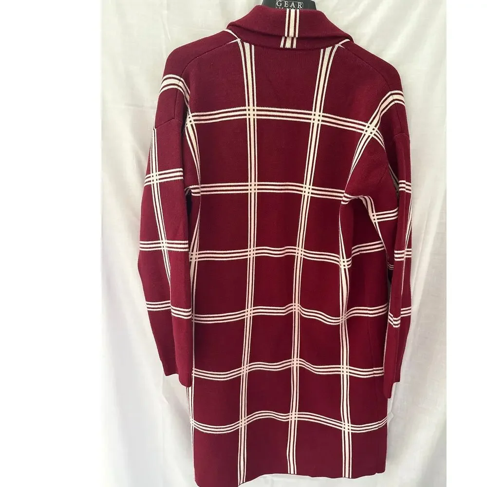 Modcloth Burgundy Cream Plaid Heavy Open Front Cardigan Sweater Large - Picture 6 of 6
